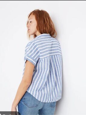 beachlunchlounge Blue and White Vertical-Striped Short Sleeve Button-Up